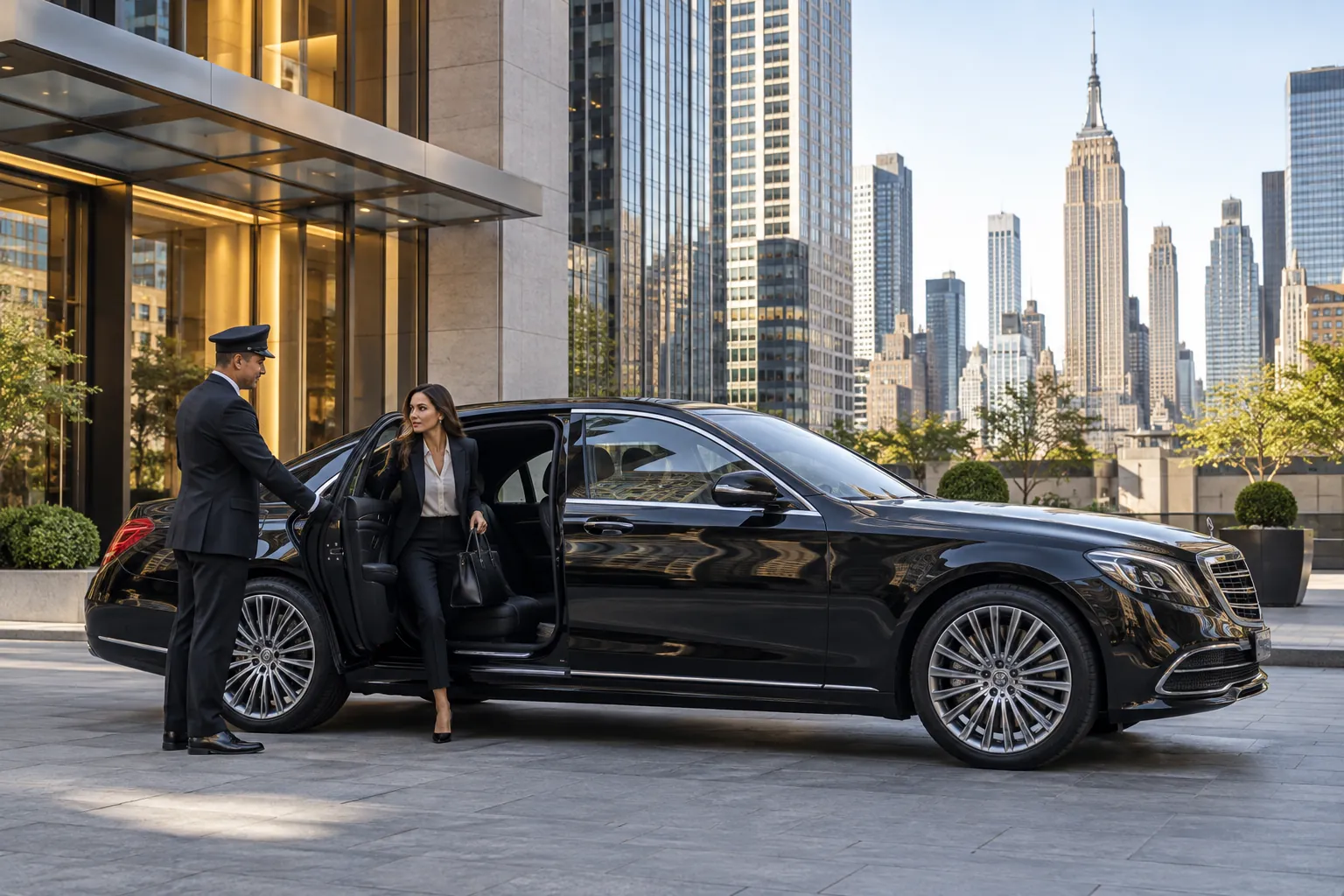 Illustrative private chauffeur travel scene in New York for corporate
